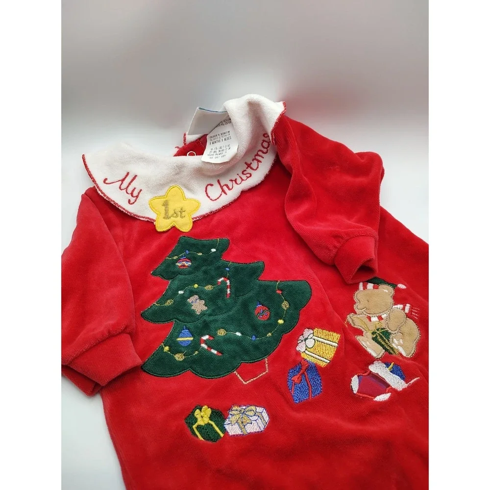Vtg My First Christmas 9 Months Red Velour 1990s Baby Footie One Piece‎ Pajamas